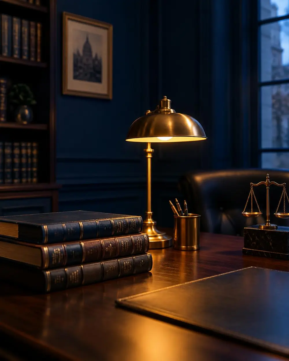 Law books and a brass lamp on an attorney desk