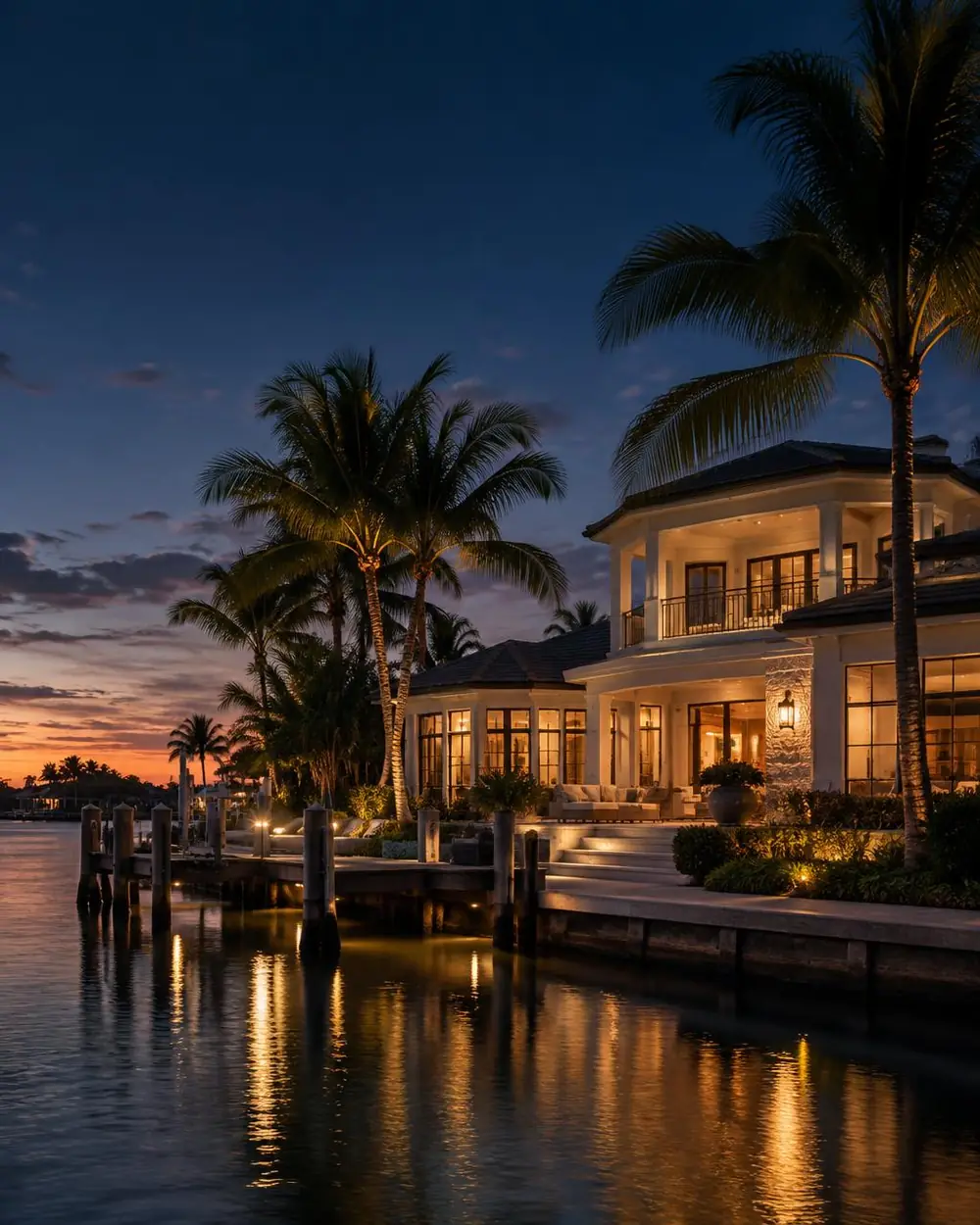 Waterfront home in Naples, Florida at dusk